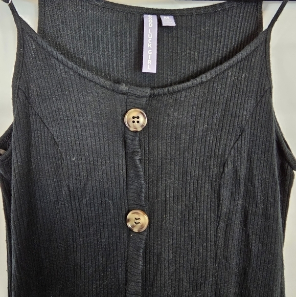 Good Luck Girl Black Ribbed Spaghetti Strap Button Down Dress Size Medium NWOT - Picture 4 of 4